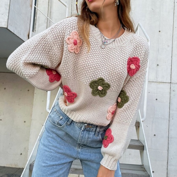 Bellanblue Sweaters - Boho Cream Crochet Floral Knit Oversized Sweater